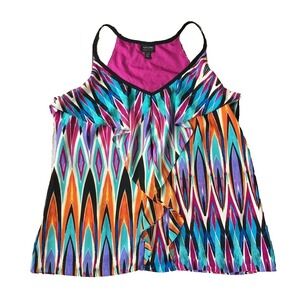 Y2K Sleeveless Tank Top L 12 14 Nicole Miller Ruffled V Neck Colorful Bold Print